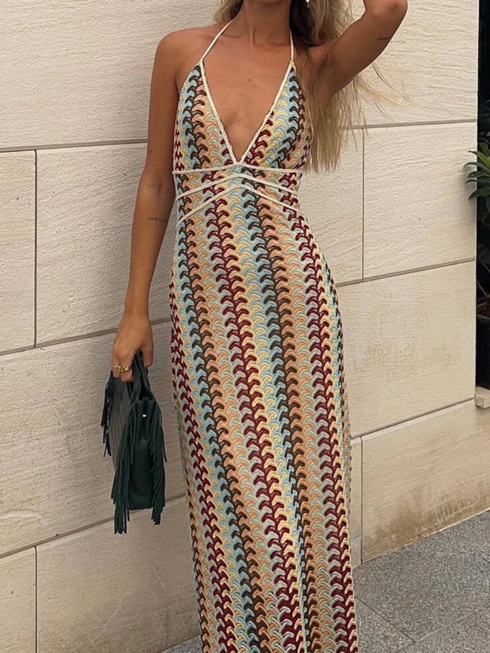 Vibrant Multicolor Crochet deep V Maxi Dress - Strapless medium
